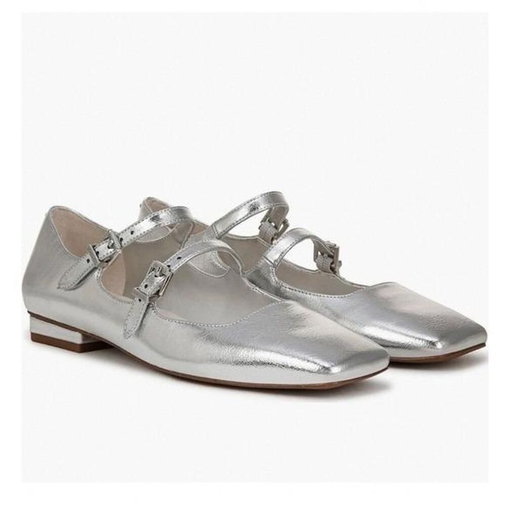 New Franco Sarto Silver Metallic Leather Double Strap Mary Jane Square Toe Flats